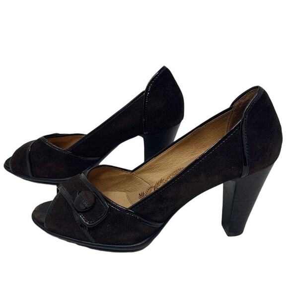 SOFT brown leather suede heels crossed peep toes shoes size 8.5 - Picture 2 of 8